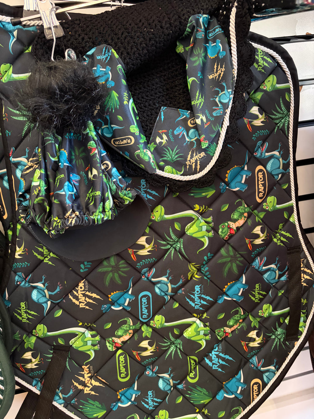 Raptor Dino print saddlepad, ears, hatsilk set